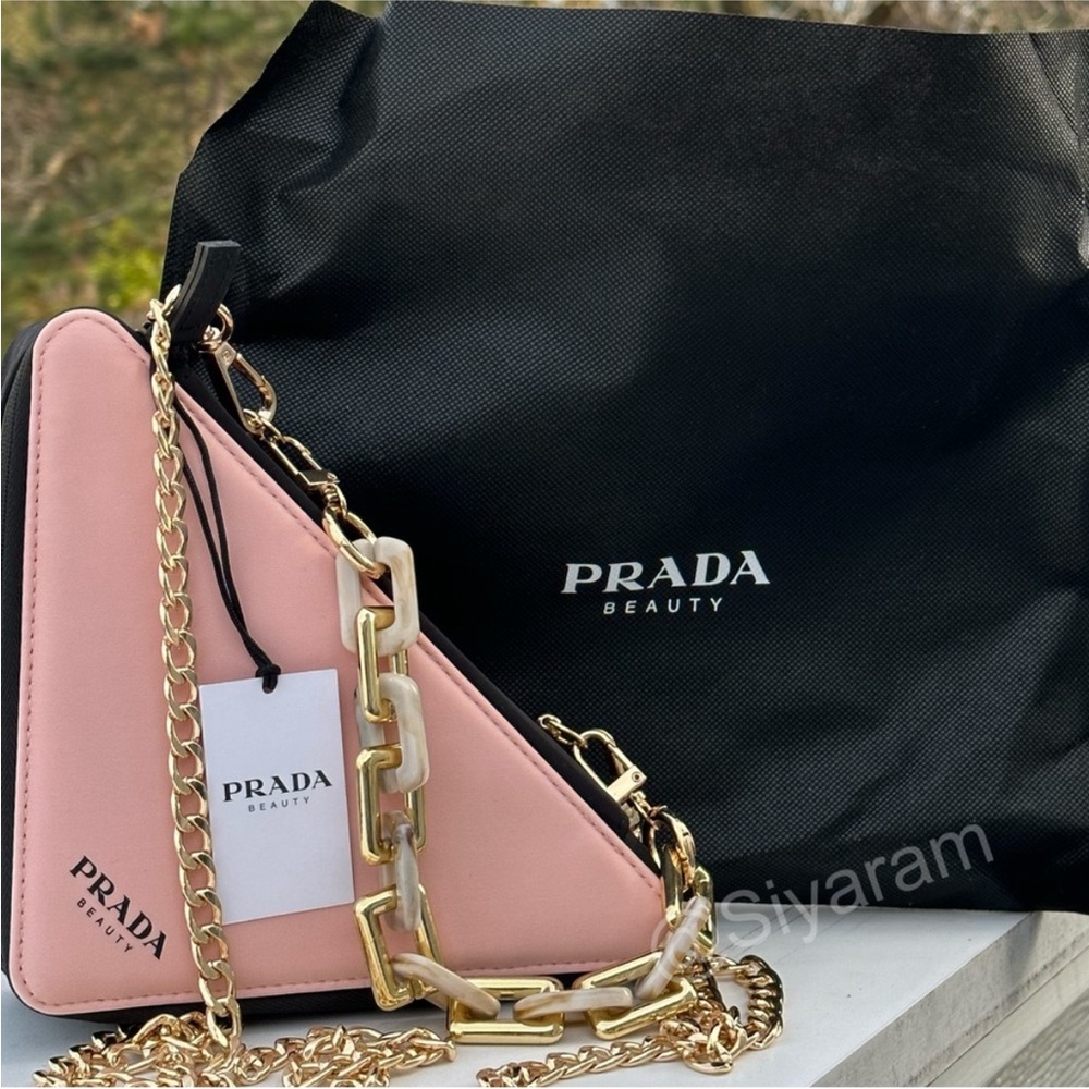 Prada Pink Triangle Clutch with Gold Chain - Picture 3 of 12